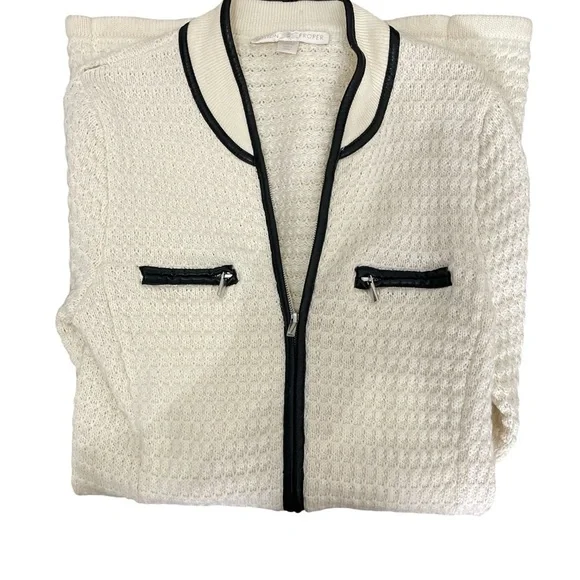 Boston Proper Cream Sweater Cardigan with Faux Leather Black Trim - Picture 4 of 4